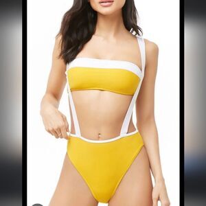 FOREVER 21 HIGH-WAIST SUSPENDER YELLOW WHITE STRETCH BIKINI TOP M AND BOTTOM S